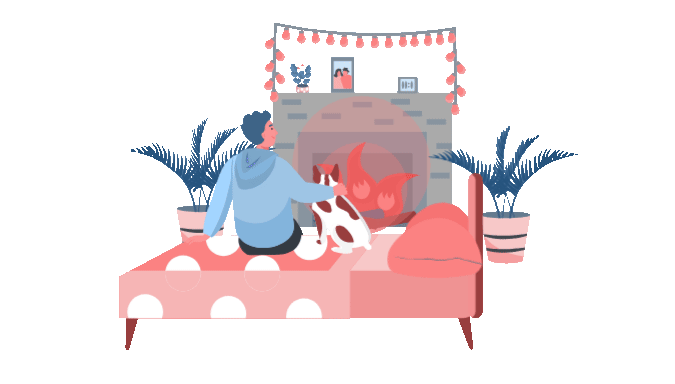 Boy and pet dog in front of fireplace Animation montrant un intérieur décoré